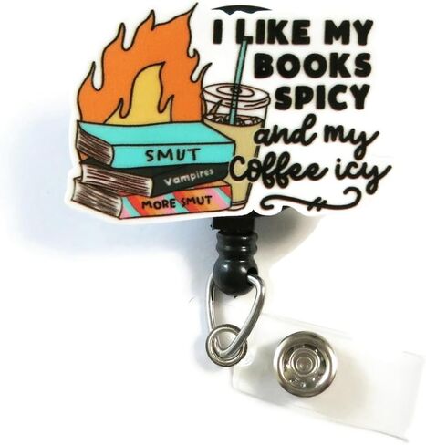 I Like My Books Spicy and My Coffee Icy Badge Reel, Funny Nurse Badges, Iced Coffee Retractable ID Badge Holder, Book Lover Gift, Coffee Lover Office Gift Badge Reel, Smut Reader Badge Clip in Saudi Arabia
