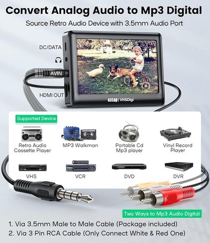 تحويل Vhs إلى Mp4 رقمي - مشغل أقراص مضغوطة من الفينيل إلى محول Mp3 - محول صندوق التقاط صوت فيديو عتيق لمشغل Hi8/شريط 8 مم/Vhs-c/كاميرا الفيديو / سطح Dv صغير، بديل Vhs إلى جهاز DVD in Saudi Arabia