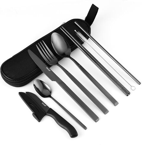 أدوات السفر مع حقيبة، مجموعة أدوات مائدة للتخييم مكونة من 9 قطع مع حقيبة حمل مدمجة، مجموعة أدوات فضية من الفولاذ المقاوم للصدأ 18/0 قابلة لإعادة الاستخدام، مجموعة أدوات مسطحة محمولة للعمل والتخييم المدرسي والسفر باللون الأسود in Kuwait