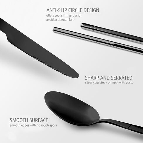 أدوات السفر مع حقيبة، مجموعة أدوات مائدة للتخييم مكونة من 9 قطع مع حقيبة حمل مدمجة، مجموعة أدوات فضية من الفولاذ المقاوم للصدأ 18/0 قابلة لإعادة الاستخدام، مجموعة أدوات مسطحة محمولة للعمل والتخييم المدرسي والسفر باللون الأسود in Kuwait