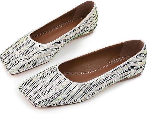 حذاء باليه مسطح بمقدمة مربعة للنساء من حجر الراين فضي حذاء مسطح للنساء بنعل مطاطي كاجوال in Kuwait