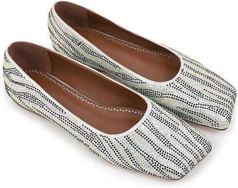 حذاء باليه مسطح بمقدمة مربعة للنساء من حجر الراين فضي حذاء مسطح للنساء بنعل مطاطي كاجوال in Kuwait