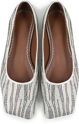 حذاء باليه مسطح بمقدمة مربعة للنساء من حجر الراين فضي حذاء مسطح للنساء بنعل مطاطي كاجوال in Kuwait