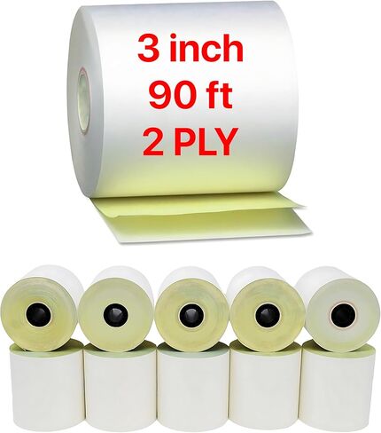 3 "× 90 '2 رقائق بيضاء كناري خالية من الكربون لفات الورق المطبخ استلام الطابعة POS تسجيل النقدية متوافق مع طابعات Clover Epson SNBC Star Sam4s Ellix Bixolon (10 لفات، 3 "× 90 قدم 2 رقائق) in Kuwait