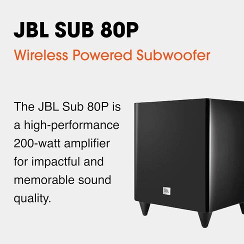 JBL Studio SUB80P - Wireless Powered Subwoofer - 8-Inch Down-Firing Cone Woofer & High-Performance, Built-in Amplifier - Included Wireless Transmitter - High-Gloss Black Finish in Saudi Arabia