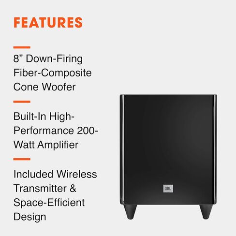 JBL Studio SUB80P - Wireless Powered Subwoofer - 8-Inch Down-Firing Cone Woofer & High-Performance, Built-in Amplifier - Included Wireless Transmitter - High-Gloss Black Finish in Saudi Arabia