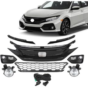 JX RACING Front Bumper Upper/Lower Grille with Foglamp Compatible with 2017 2018 2019 Honda Civic Sport/Touring 4DR Front Grill Trim Halogen FogLight W/Bezel Kit ABS 71107TGGA50 HO1200231 71121TBAA01 in Kuwait
