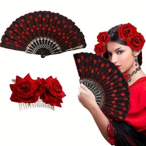 2 Pcs Mexican Rose Hair Clip & Sequined Folding Fan Set - Flamenco Costume Hair Jewelry & Hand Fan for Women in Saudi Arabia