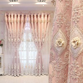 European Luxury 3D Relief Embroidery Curtains - Double-Layer Blackout Drapes, Flower Embroidered Sheer Yarn, for Living Room & Bedroom (1 Pair, Pink, W51 L84 inch) in Saudi Arabia