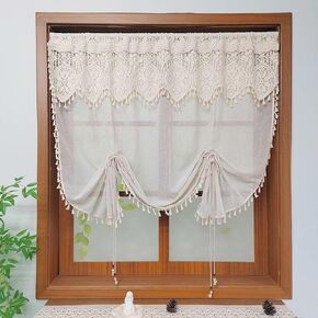 بوهو الكروشيه الدانتيل ربط الستار الستارة الشفافة للمطبخ ويندوز مكرامية رفع تول الطبقة الستار قابل للتعديل 2 طبقة تصفية الضوء شير الستارة قضيب جيب 1 لوحة (بيج، W35 L39 بوصة) in Kuwait