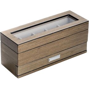 Bey-Berk Silver Walnut 5-Slot Watch Box, Lacquered Gray Wood Glass-Top Watch Display with Velour-Lined Cushions and 5-Compartment Accessory Drawer, 12" x 4.25" x 5.15" in Kuwait