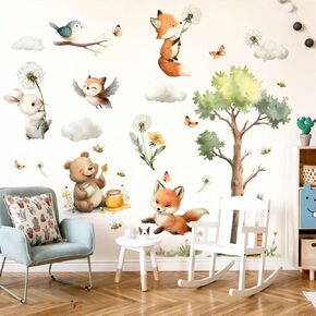 Animal Wall Decal,Cute Woodland Nursery Decals Decor,Animals Bear,Flowers, Butterflies, Birds, Clouds Tree Peel and Stick Wall Decals ，Baby Nursery Kids Bedroom Living Room Decor in Kuwait