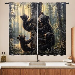 Bear Blackout Curtains, Retro Funny Forest Animal Woodland Wildlife Pattern Drapes, Black Bear Window Treatments Curtain for Kitchen Bedroom Living Room Home Decor 42" W x 45" L in Kuwait