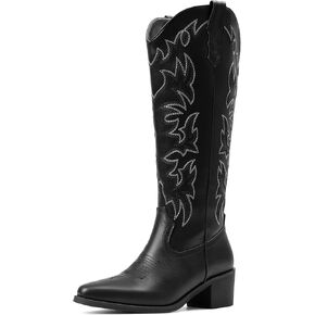 Oiamenne Cowboy Boots for Women Knee High Pointed Toe Cowgirl Boots Chunky Heel Pull On Western Boots Retro Country Vintage Fashion Boots in Kuwait