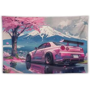 FeoYoed Tapestry Wall Hanging Aesthetic Decoration For Bedroom Living Room Wall Art Tapestries Pink Jdm Car R34 Mount Fuji Cherry Blossoms Reflection Art 40"x60" in Kuwait