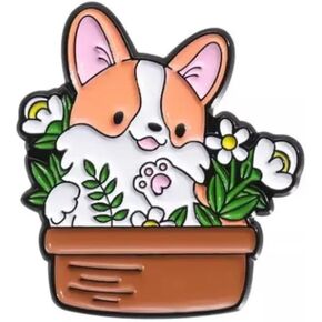 Corgi in a Flower Pot Soft Enamel Pin, 1.2 Inches Tall x 1 Inch Wide, Dog Pin, Potted Corgi Brooch, Cute Animal Brooch for Women and Girls, Suitable for Gifts, Party Favors in Kuwait