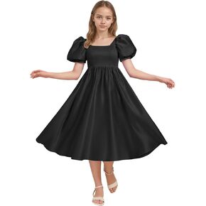 Puff Sleeve Junior Bridesmaid Dress Girls Square Neck Birthday Party Ball Gown Satin Long Wedding Guests Dresses in Kuwait