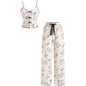 Women's Cute Cartoon Bear Print Bow Pajamas 2 Piece Notched V Neck Crop Cami Top and Pants Lounge Sets in Kuwait