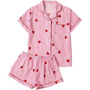 Women's Plus Size Heart Print Striped Pajama Set Cute Button Up Shirt and Shorts Lounge Sets Sleepwear in Kuwait