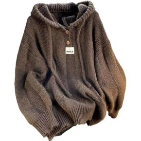 سترة نسائية ذات قلنسوة متماسكة كبيرة الحجم Preppy Y2K بلوفر الجد المكتنز سترة جمالية عتيقة ملابس هاراجوكو in Kuwait