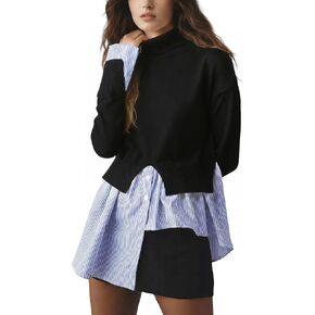 Wyeysyt Turtleneck Sweater Women Asymmetrical Tops 2 in 1 Slit Patchwork Pullover Buttons Down Striped Shirt Top(Black-L) in Kuwait