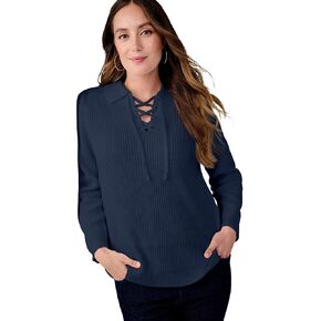 Jessica London Women's Plus Size Pullover Collared Lace Up Shaker Sweater in Kuwait