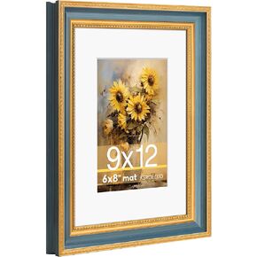 9x12 Picture Frame for 6x8 Photo with White Mat, HD Real Glass 9x12 Vintage Photo Frame with Gold Blue Texture Border Horizontal & Vertical Display for Tabletop or Wall Decor (1 Pack) in Kuwait