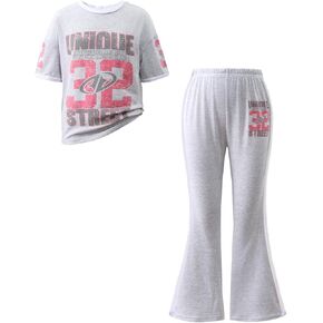 9-12 Years Girls 2-Piece Outfit Letter Print Short Sleeve T-shirt & Flare Pants Set Tween Girls Fashion Clothing in Saudi Arabia