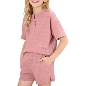 WESIDOM Girls Clothes 2 Piece Outfits 6-14Y Solid Textured Round Neck 3 Button Top+Shorts with Pockets in Kuwait