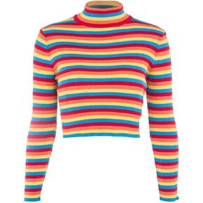 سترة نسائية ذات ياقة مدورة وأكمام طويلة مخططة بألوان قوس قزح مناسبة للخريف والشتاء in Kuwait