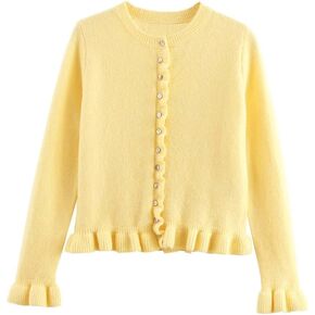 Cioatin Women Y2K Ruffle Knit Open Front Button Down Sweater Cardigan Long Sleeve Crewneck Lightweight Pullover Fall Outfits in Kuwait