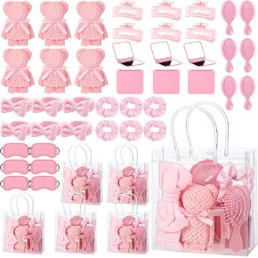 54 Pcs Spa Sleepover Party Supplies Include Bow Headband Eye Mask Bath Towel Scrunchies Hair Clip Comb Powder Puff Mirror Gift Bags for Women Girls Slumber Party Favors(Pink) in Kuwait