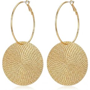 Hammered Gold Earrings for Women, Large Round Hoop Dangle Set with Vintage Textured Disc, Chunky Big Circle Statement Jewelry, Oversized Thick Metallic Coin Style Fashion Ornament in Kuwait