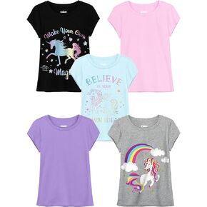 QWE 5 قمصان للفتيات من القطن بأكمام قصيرة للفتيات، قمصان جرافيك للأطفال، تي شيرتات صيفية من 5 إلى 12 سنة in Kuwait