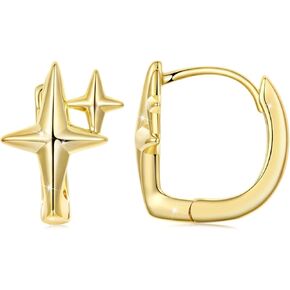 WOSTU Gold Star Hoop Earring for Women, 14K Gold Plated Small Huggie 925 Sterling Silver Post Minimalist Celestial Star Dangle Hypoallergenic Everyday Jewelry Gift in Kuwait