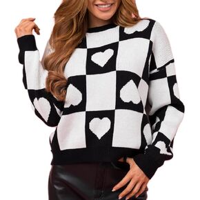 Women Heart Print Knit Sweater Valentine’s Day Love Heart Pullover Sweater Oversized Long Sleeve Jumper Top in Kuwait