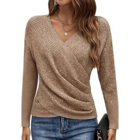 Women's V-Neck Off-Shoulder Sweater Cross Wrap Pleated Long Sleeve Knit Pullover Soft Fall Winter Fashion Top in Saudi Arabia