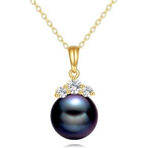10K Solid Gold Tahitian Black Pearl Necklace for Women, Yellow Gold Moissanite 9mm Black Pearl Pendant, Pearl Jewelry Gift Anniversary Birthday Christmas for Her, 16 +2 " in Saudi Arabia