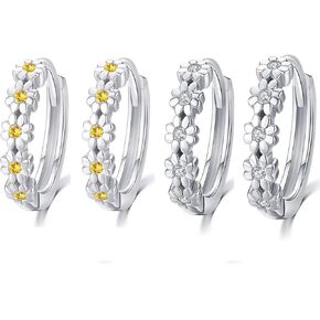KINGWHYTE Daisy Earrings for Women 925 Sterling Silver Small Daisy Hoop Earrings Hypoallergenic Lucky Flower Huggie Hoop Earrings Christmas Birthday Jewelry Gifts for Wife Daughter 2 Pair Set-14mm in Kuwait