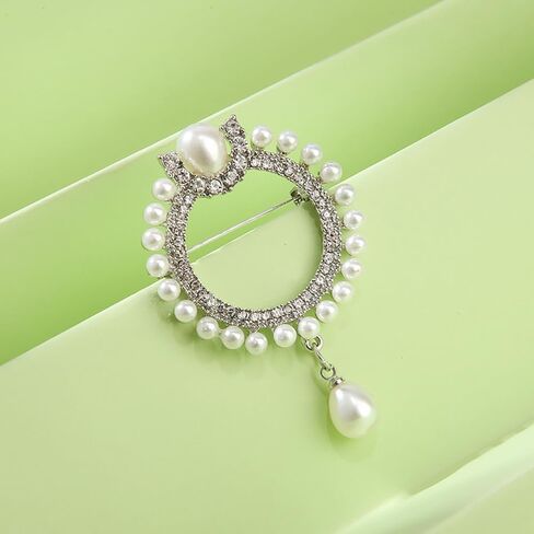 Elegant CZ Cubic Zirconia Round White Simulated Pearl Circle Brooch Pin for Women Wedding in Kuwait