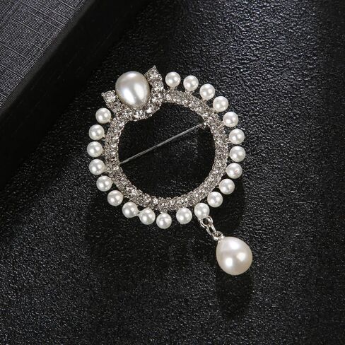 Elegant CZ Cubic Zirconia Round White Simulated Pearl Circle Brooch Pin for Women Wedding in Kuwait