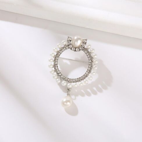 Elegant CZ Cubic Zirconia Round White Simulated Pearl Circle Brooch Pin for Women Wedding in Kuwait