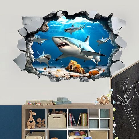 SHUCHING 3D Under the Sea Shark Wall Decals Peel and Stick, Vinyl Ocean Wall Sticker, Wall Decor for Nursery Playroom Kids Bedroom in Kuwait