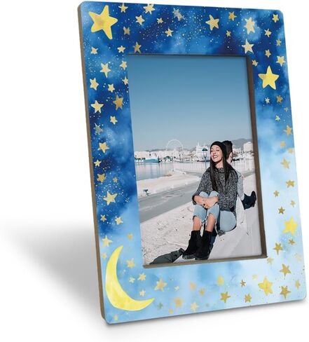 Moon and Stars Picture Frame, Dreamy Blue Night Sky Design Picture Frame for 4x6 Inches Photo, Display on Table Top Desk, Elegant Gold Star Photo Frames, Christmas Gift for Friend and Family in Kuwait