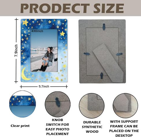 Moon and Stars Picture Frame, Dreamy Blue Night Sky Design Picture Frame for 4x6 Inches Photo, Display on Table Top Desk, Elegant Gold Star Photo Frames, Christmas Gift for Friend and Family in Kuwait