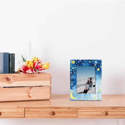 Moon and Stars Picture Frame, Dreamy Blue Night Sky Design Picture Frame for 4x6 Inches Photo, Display on Table Top Desk, Elegant Gold Star Photo Frames, Christmas Gift for Friend and Family in Kuwait