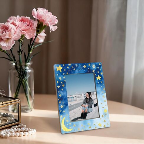 Moon and Stars Picture Frame, Dreamy Blue Night Sky Design Picture Frame for 4x6 Inches Photo, Display on Table Top Desk, Elegant Gold Star Photo Frames, Christmas Gift for Friend and Family in Kuwait