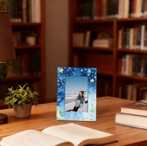 Moon and Stars Picture Frame, Dreamy Blue Night Sky Design Picture Frame for 4x6 Inches Photo, Display on Table Top Desk, Elegant Gold Star Photo Frames, Christmas Gift for Friend and Family in Kuwait