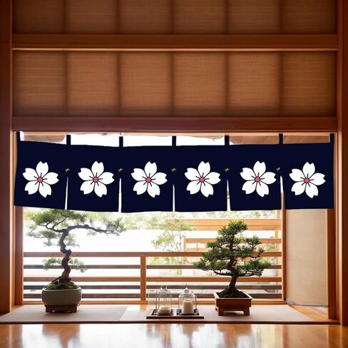 Noren (Japanese Curtain) Sakura Pattern Doorway Short Curtain for Japanese Sushi Bar Decoration 40×90CM,Blue in Kuwait