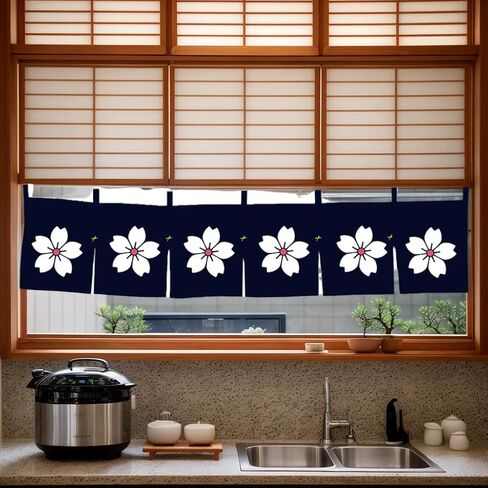 Noren (Japanese Curtain) Sakura Pattern Doorway Short Curtain for Japanese Sushi Bar Decoration 40×90CM,Blue in Kuwait